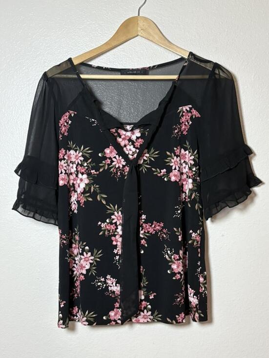 Atelier 29 Tops - Atelier 29 Black Floral Chiffon Ruffle Sleeve Blouse Tie Front Size Large